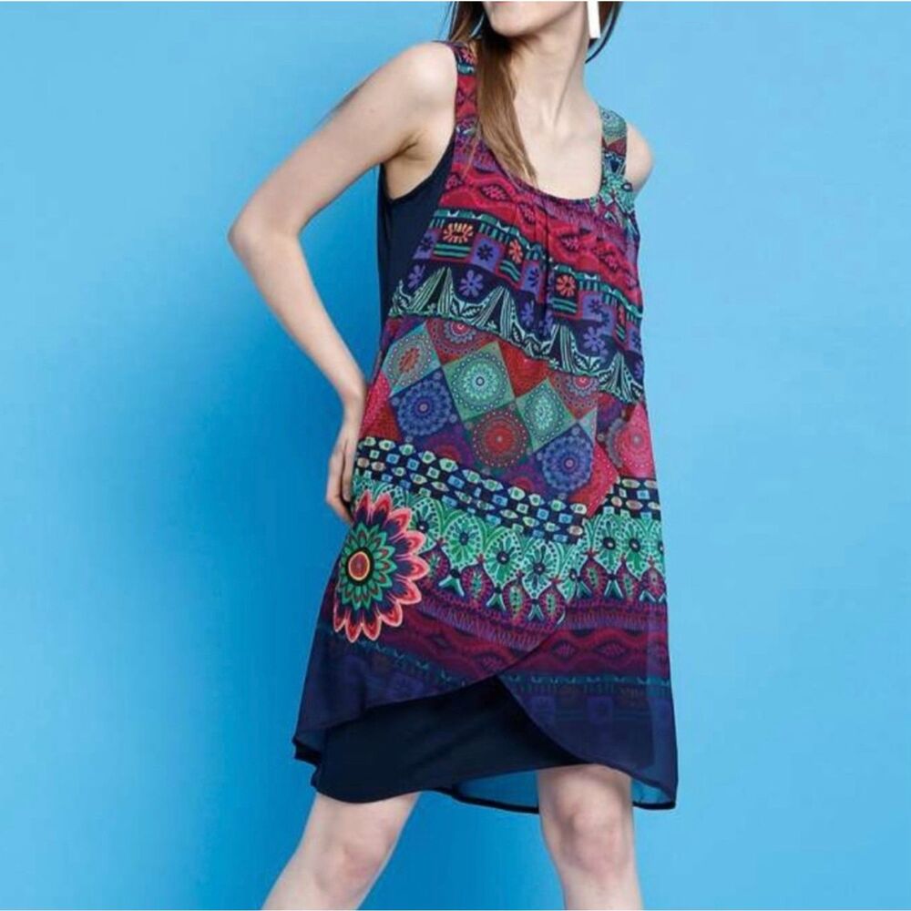 Desigual Blue Print Sleeveless Layered Swing Dress Large Women’s 46 Embroidered